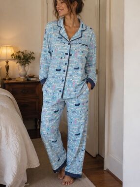 munki munki Blue Flannel Daschund Weiner Dog Print Bamboo Cotton Pajama Set